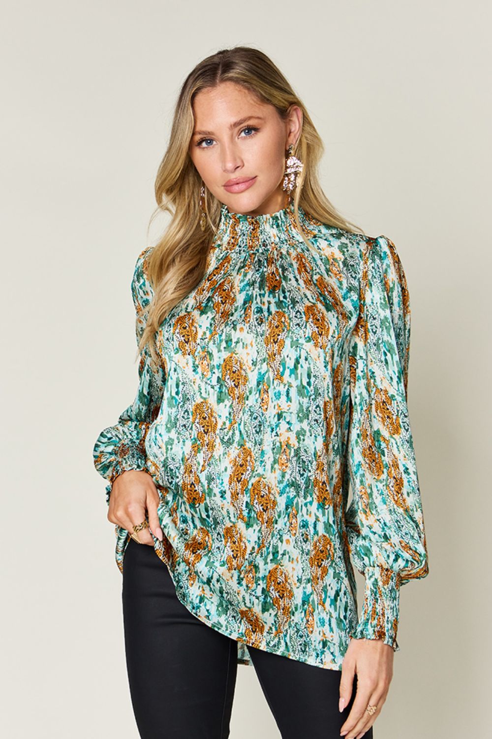 Semi-Sheer Smocked Top with Long Sleeves & Frills Mid Green