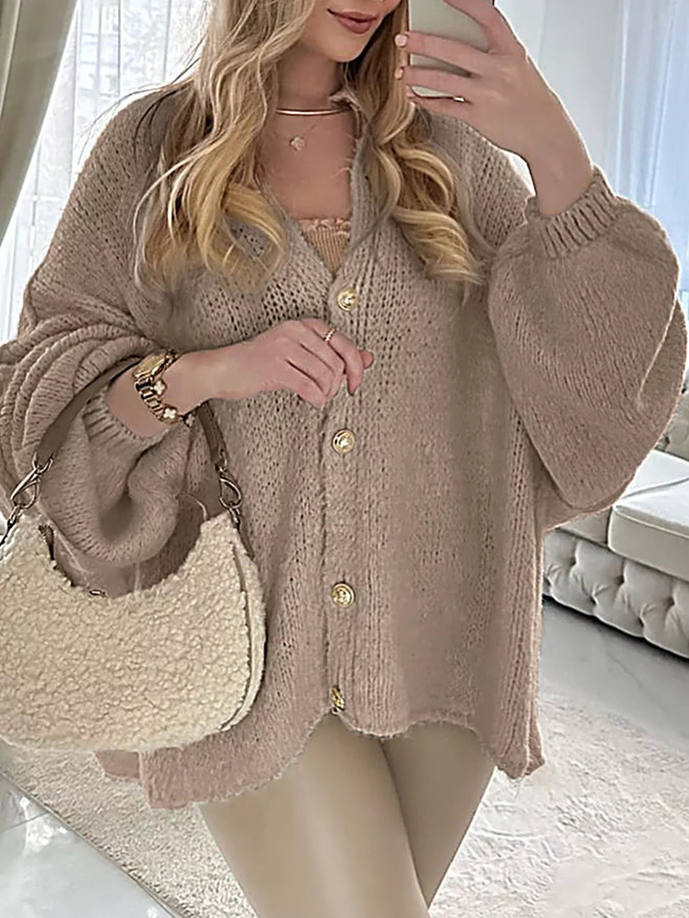 Oversized Knit Button Up Cardigan Khaki