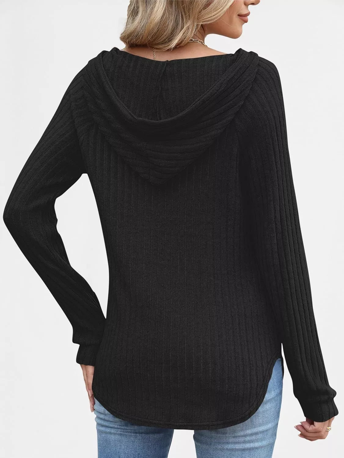 Full Size Ribbed Knit Button Detail Hooded Top Plus Size