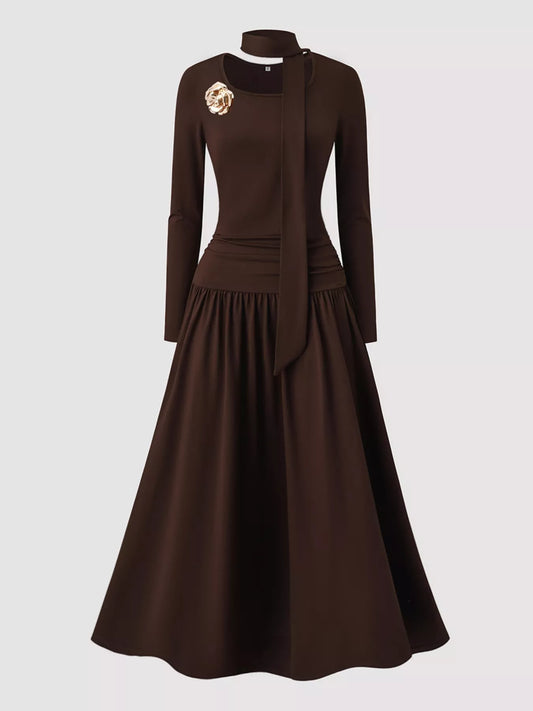Long Sleeve A-Line Dress with Scarf Dark Brown