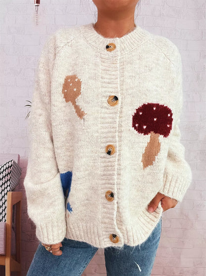 Mushroom Pattern Button-Up Cozy Knit Cardigan Apricot One Size