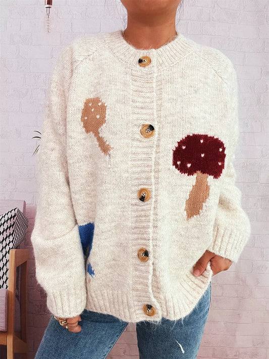 Mushroom Pattern Button-Up Cozy Knit Cardigan Apricot One Size