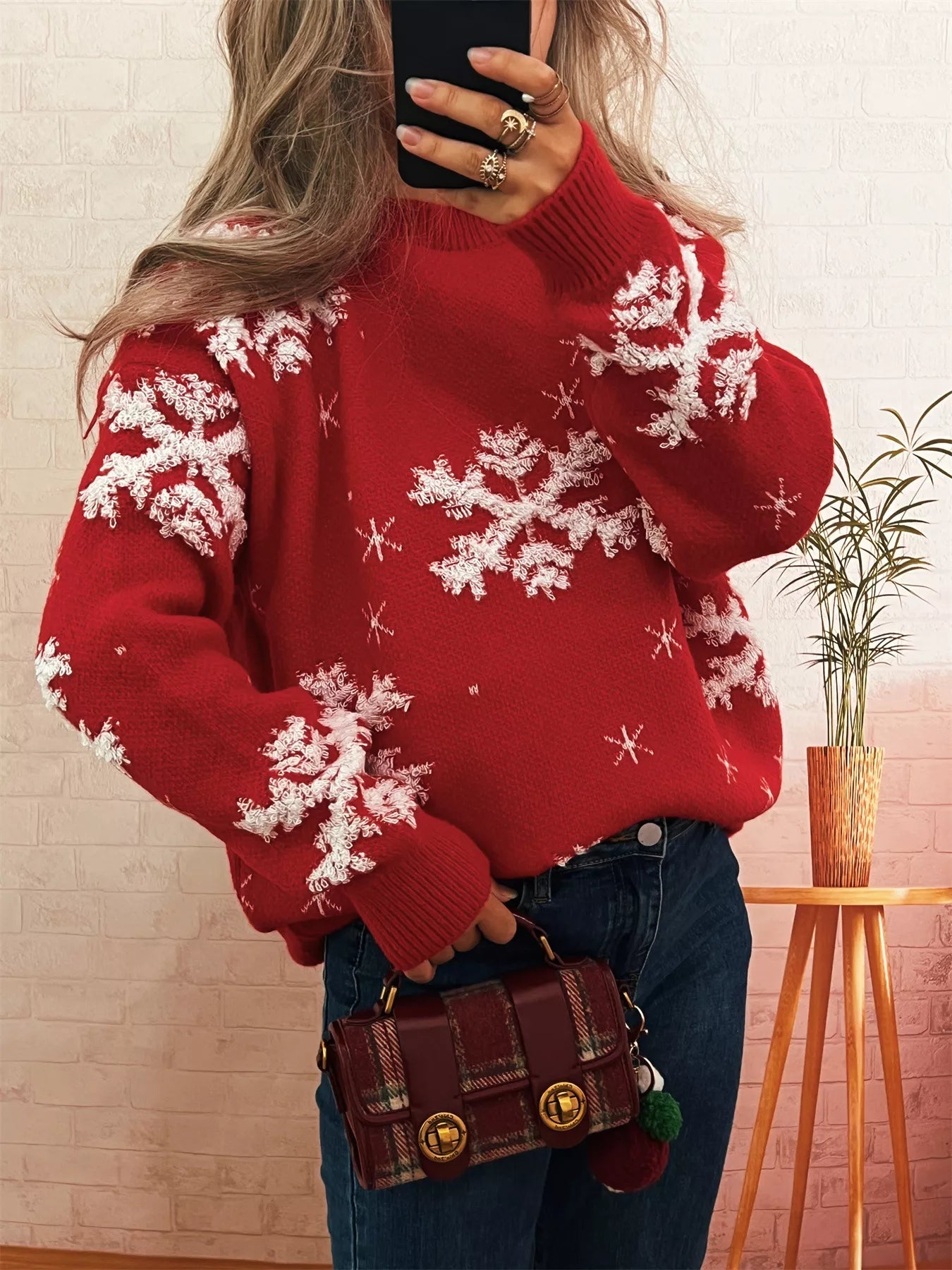 Snowflake Ribbed Hem Long Sleeve Sweater