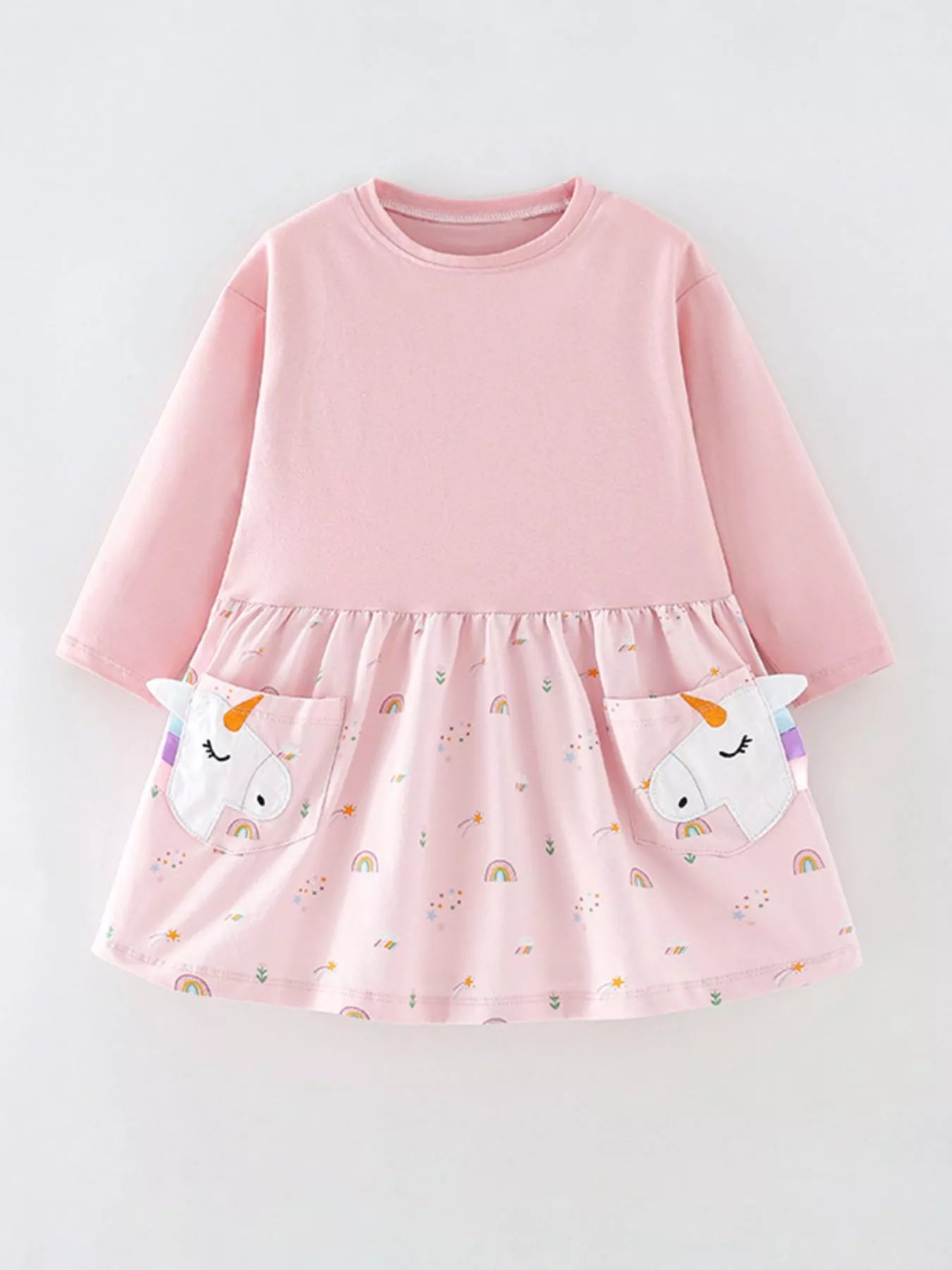 Children's Unicorn Print Long Sleeve Dress Blush Pink