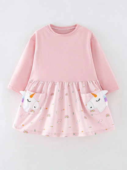 Children's Unicorn Print Long Sleeve Dress Blush Pink