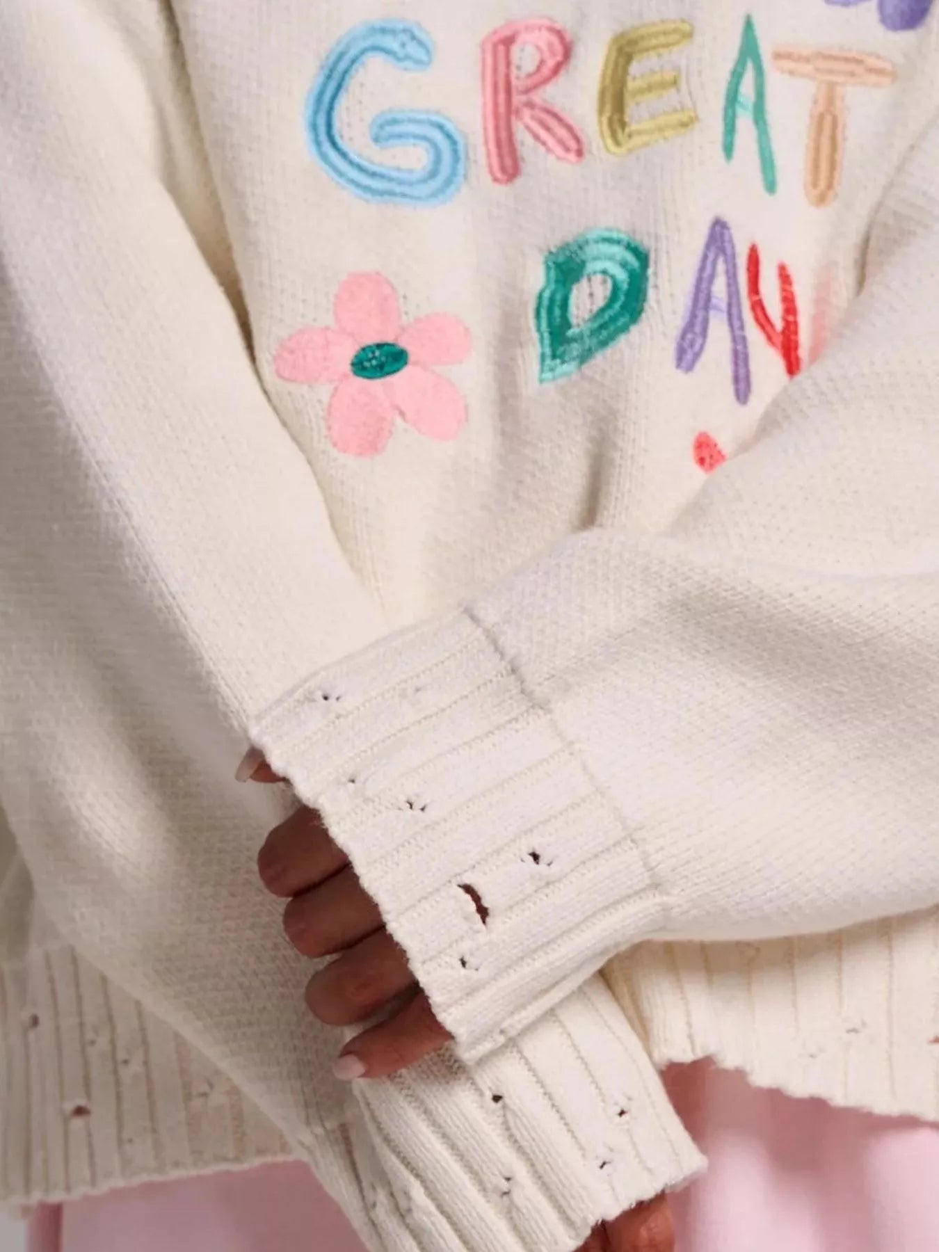 Embroidered 'Great Day' Dropped Shoulder Sweater
