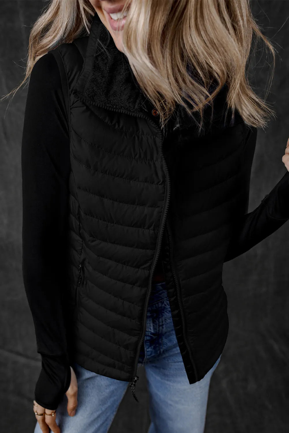 Pocketed Zip Up Vest Coat Black