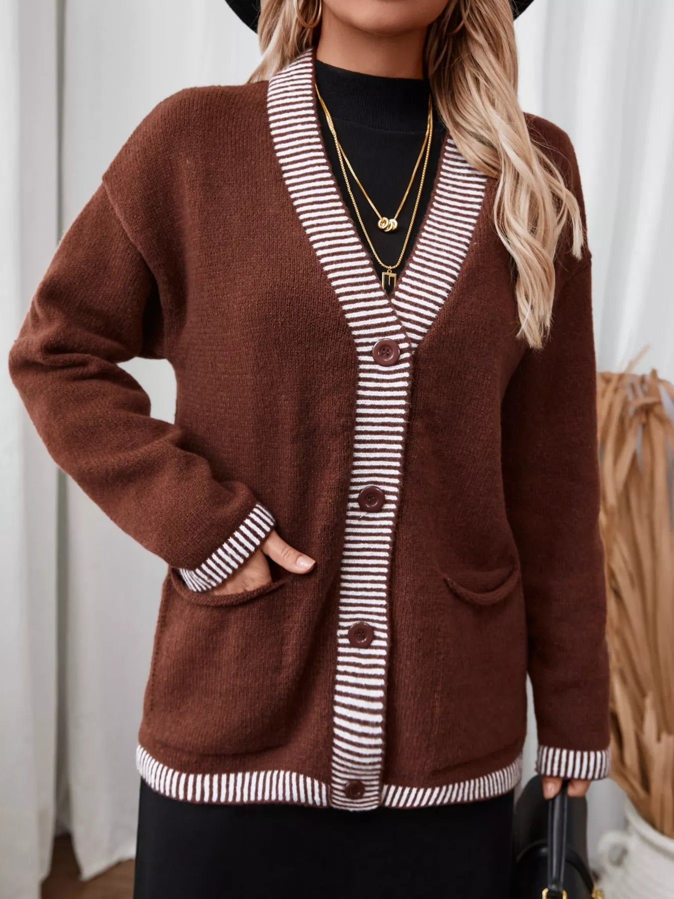 Striped Trim Button Front Pocket Knit Cardigan Brown