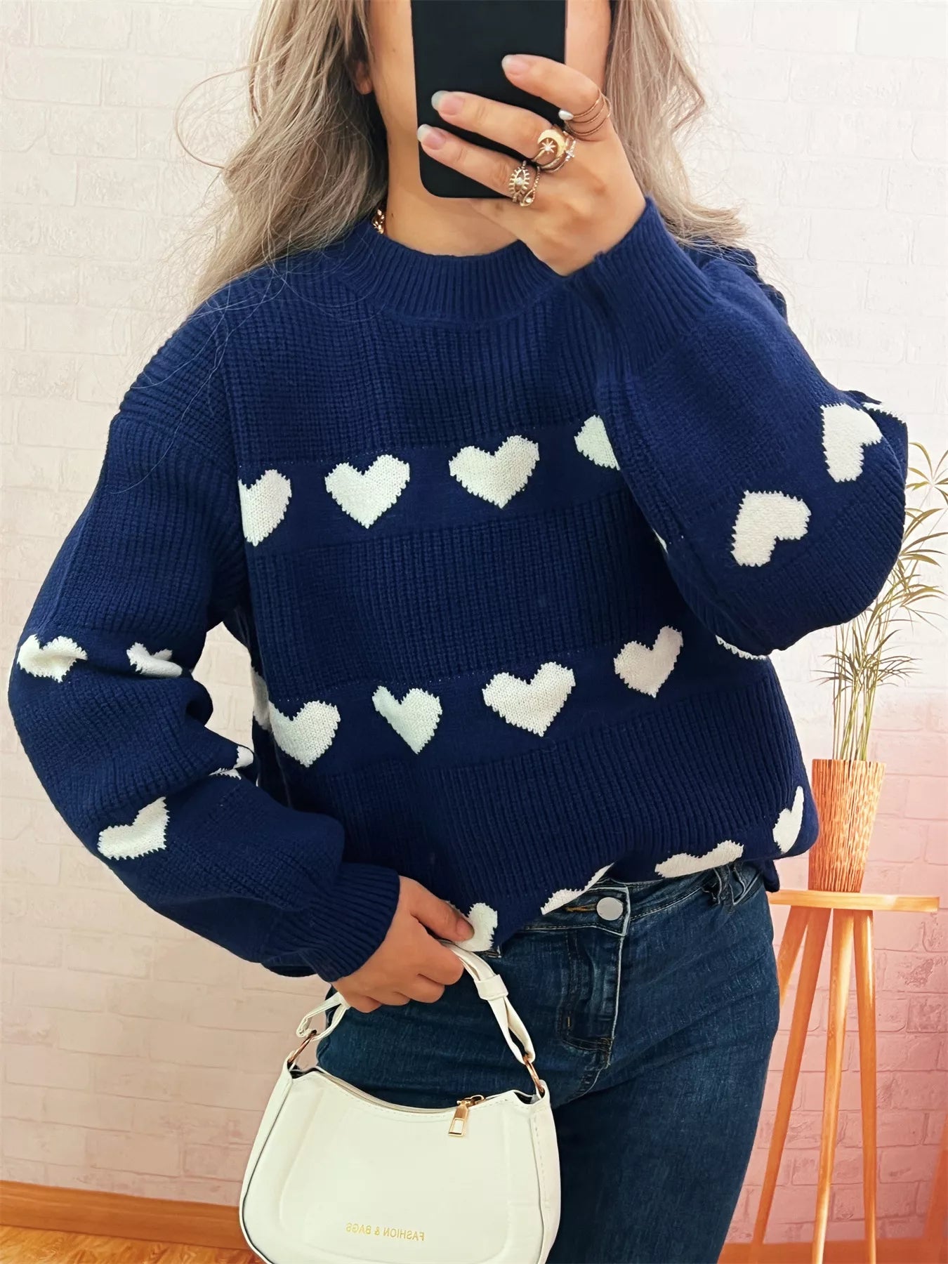 Heart Pattern Dropped Shoulder Sweater