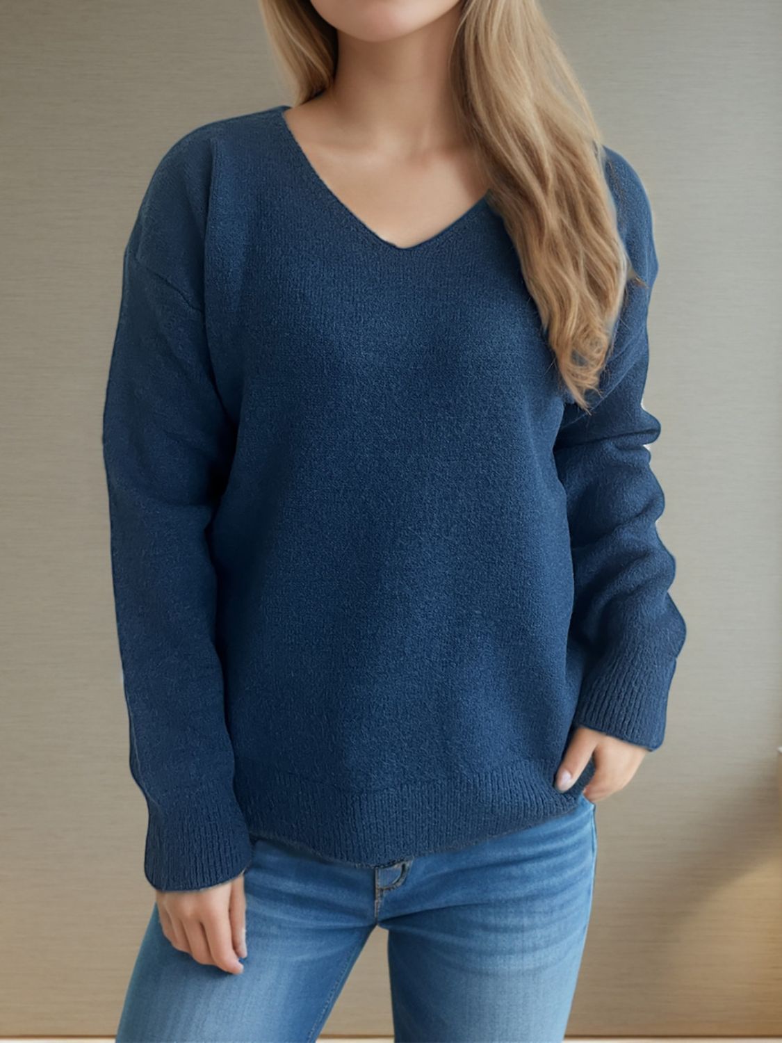 V-Neck Dropped Shoulder Long Sleeve Sweater Peacock Blue One Size