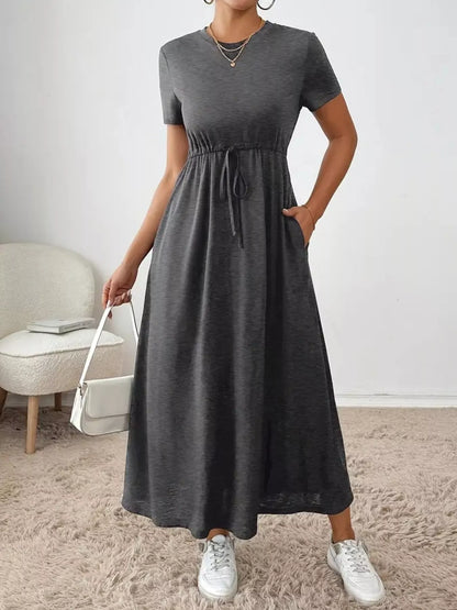 Casual Drawstring Waist Short Sleeve Tee Dress Dark Gray