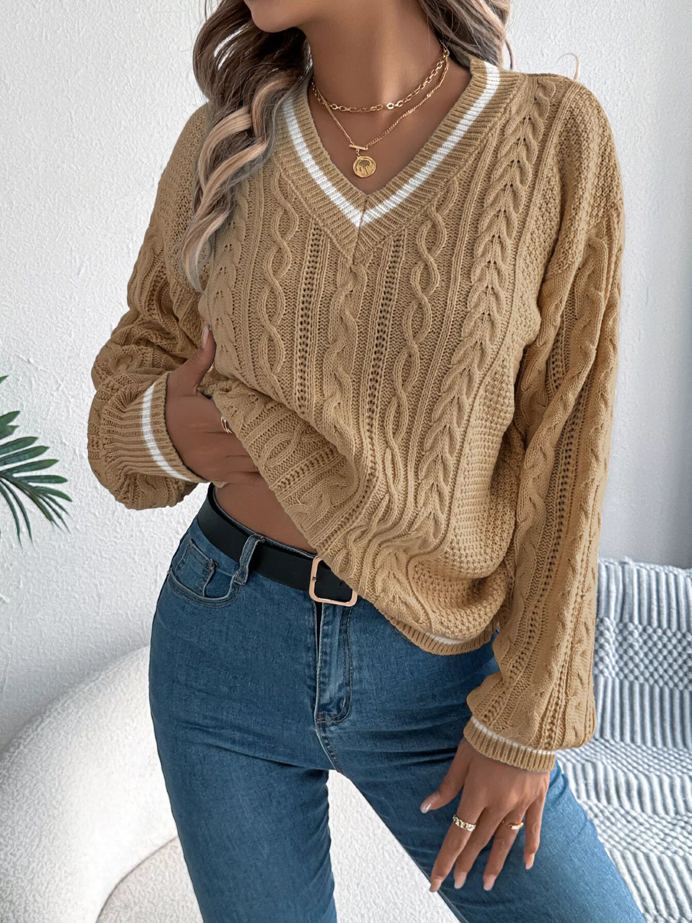 Cable Knit V-Neck Long Sleeve Sweater Khaki