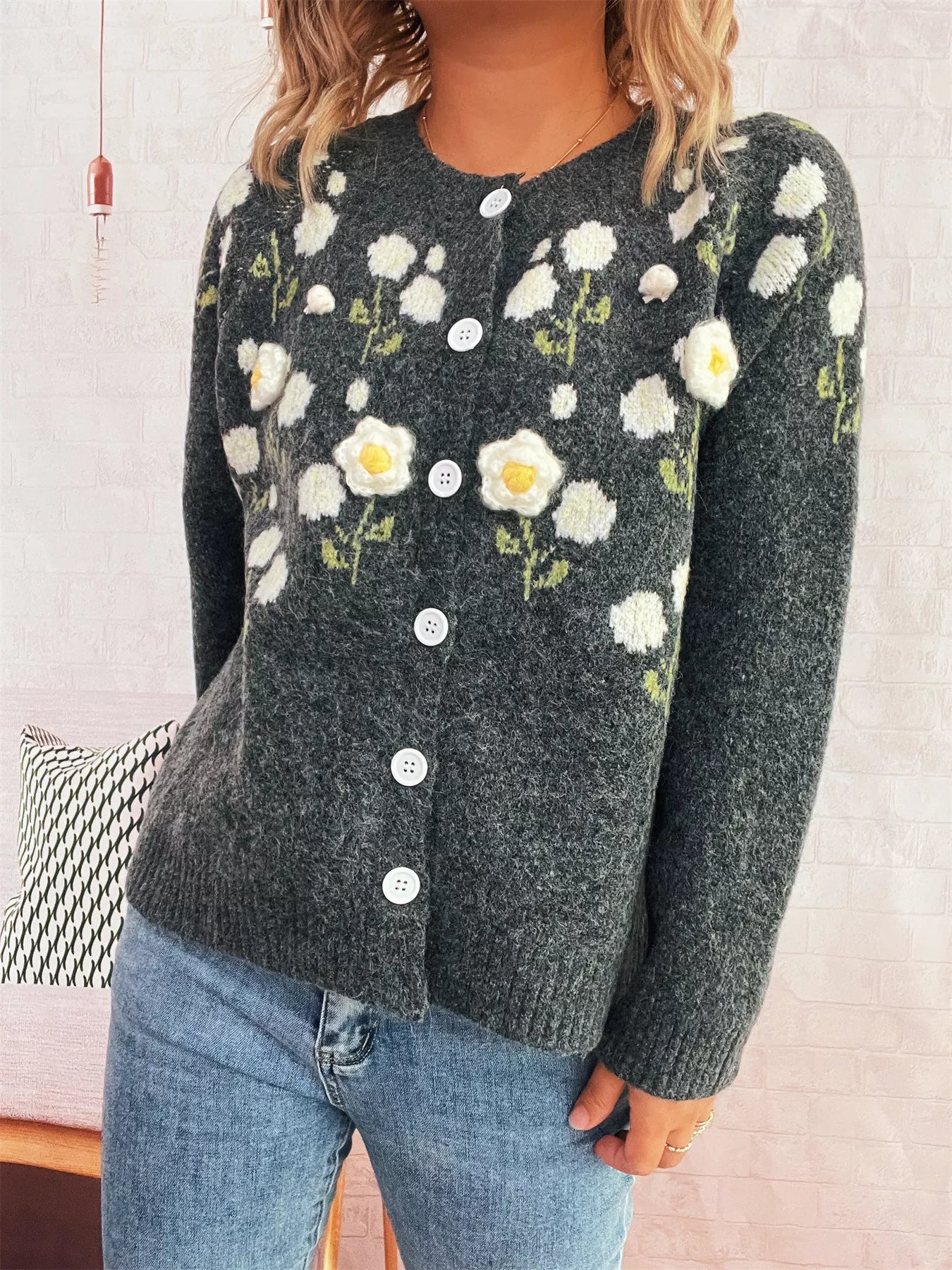 Flower Button Up Long Sleeve Cardigan