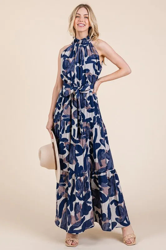 Lime 'N' Chili Abstract Halter Neck Tie-Waist Tiered Maxi Dress
