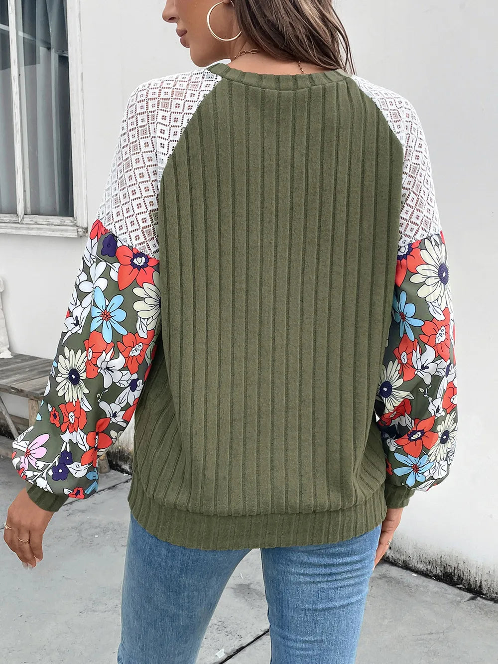 Perfee Printed Round Neck Long Sleeve Knit Top
