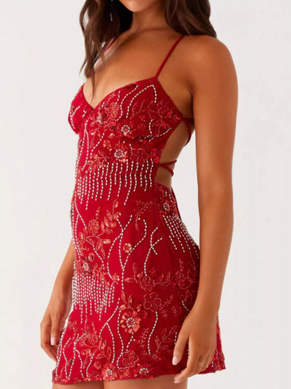 Backless Embroidered Sequin Cami Dress Red