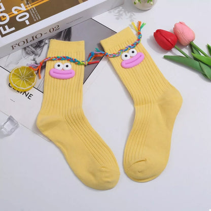 Cartoon Ribbed Knit Crew Socks Gold One Size