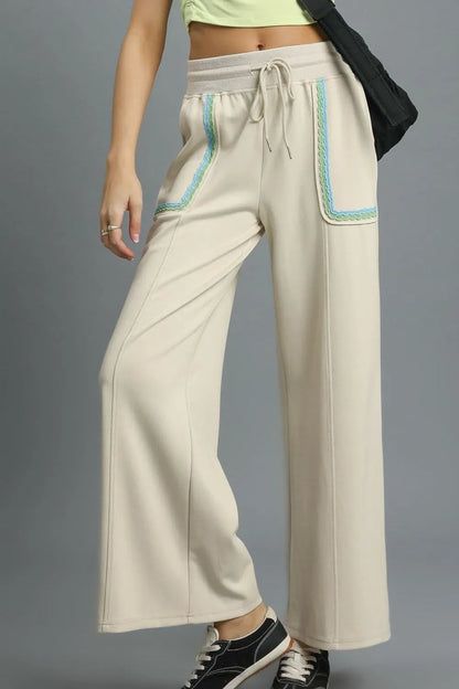 Umgee Drawstring Wide Leg Pants with Scallop Trim Detail Beige