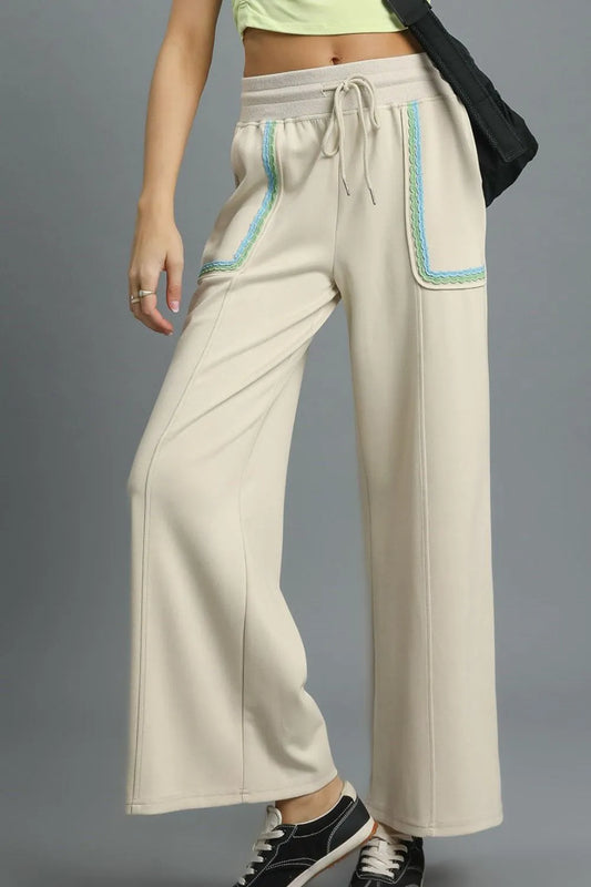 Umgee Drawstring Wide Leg Pants with Scallop Trim Detail Beige