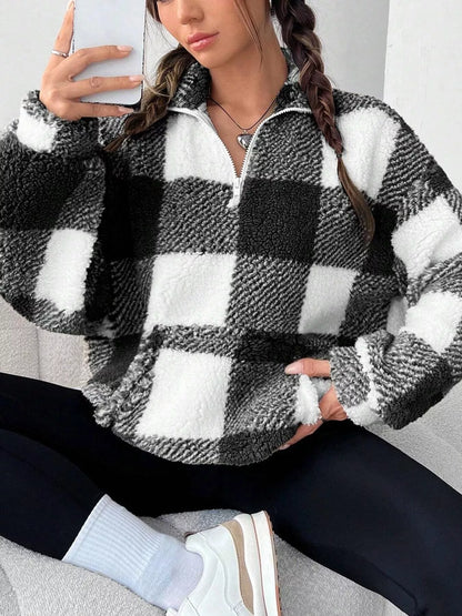Full Size Plaid Sherpa Long Sleeve Sweatshirt Plus Size Black