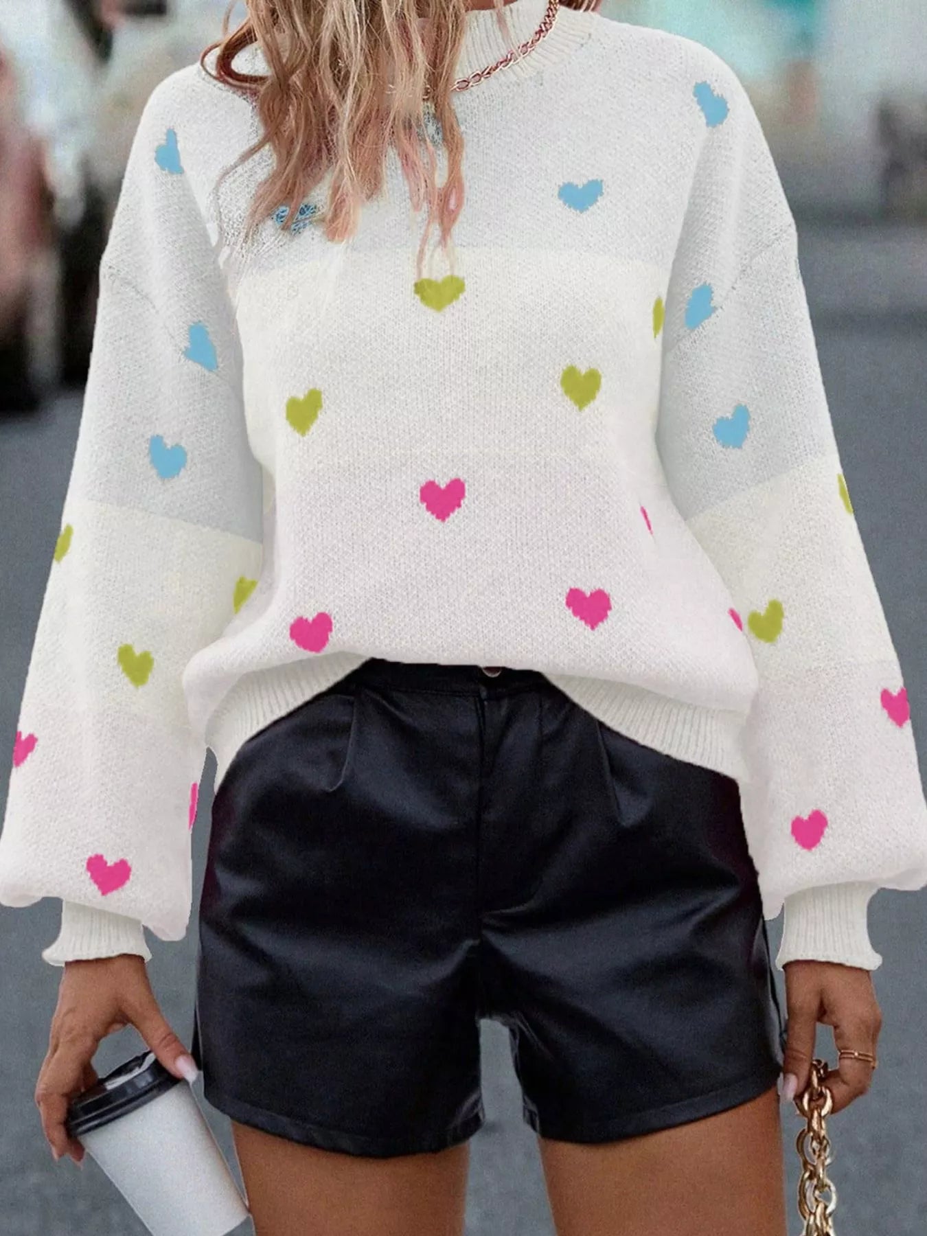 Multicolour Heart Pattern Dropped Shoulder Sweater White