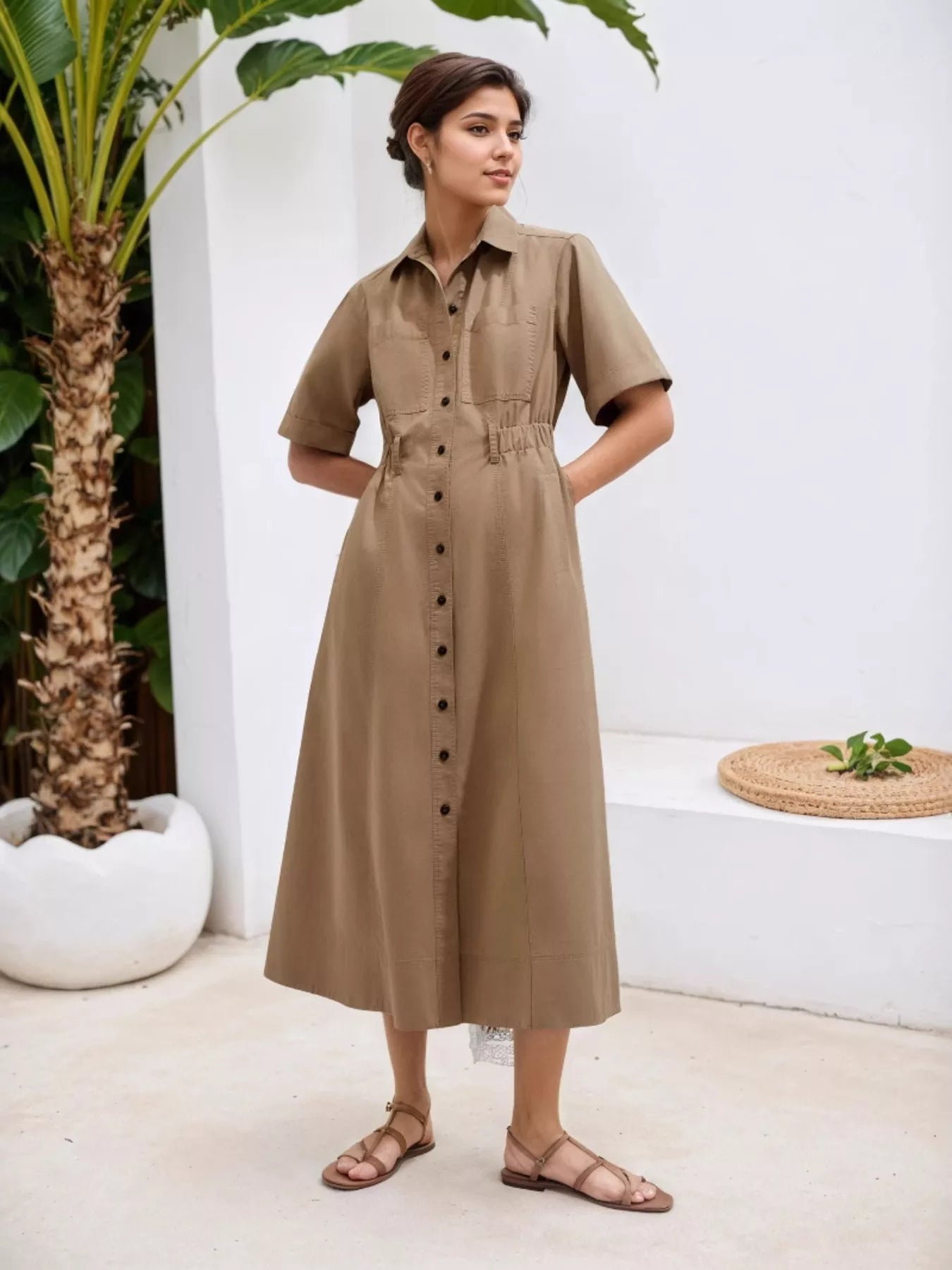 Button Front Short Sleeve Shirt Dress Khaki