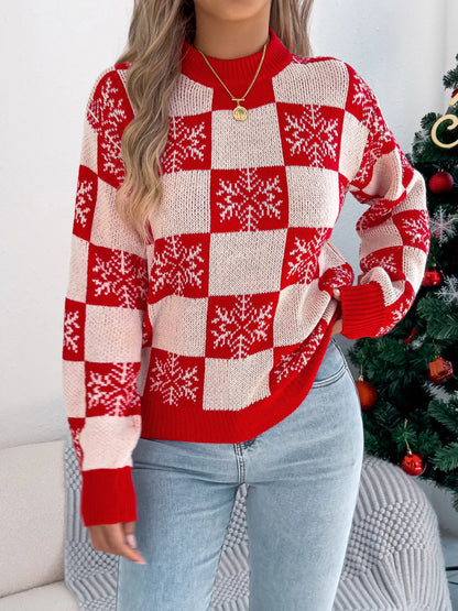 Christmas Snowflake Checkered Round Neck Sweater Red