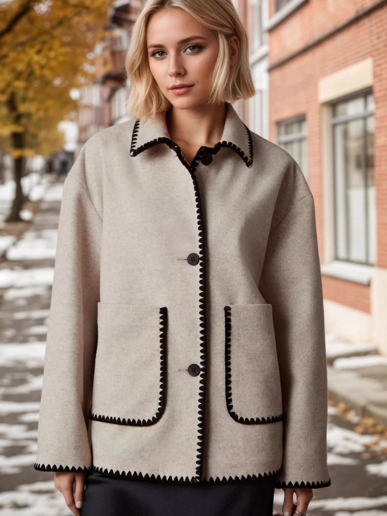 Contrast Trim Drop Shoulder Outerwear Khaki