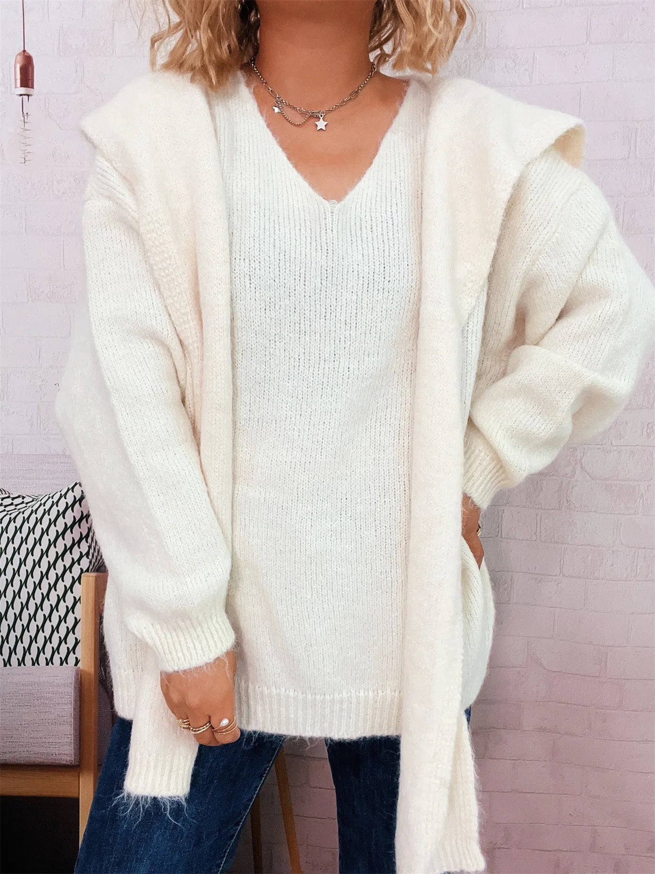 Ribbed Hem V-Neck Sweater with Shawl
