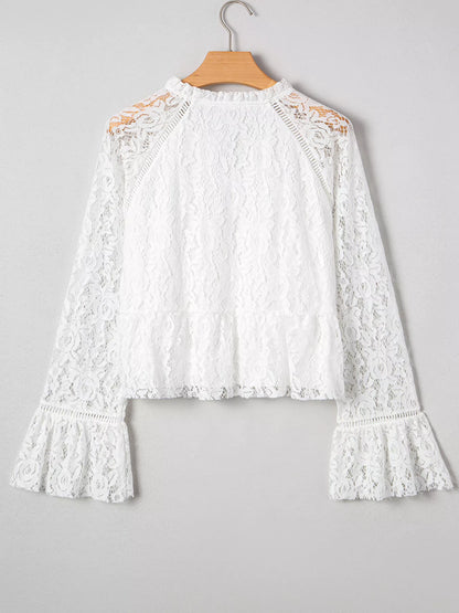 Tie Neck Lace Ruffle Detail Long Sleeve Blouse