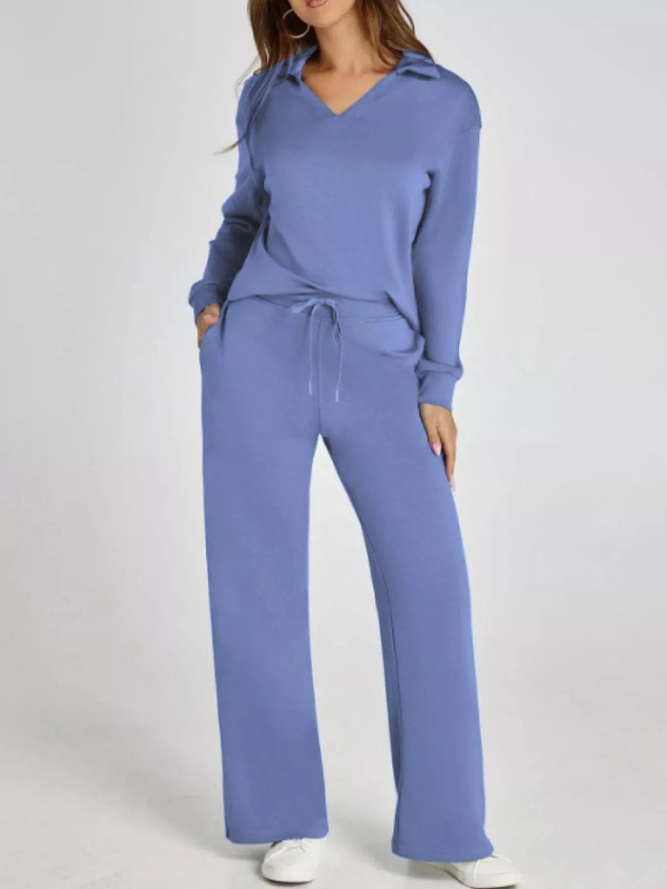 Full Size Johnny Collar Long Sleeve Top and Pants Plus Size Blue Purple