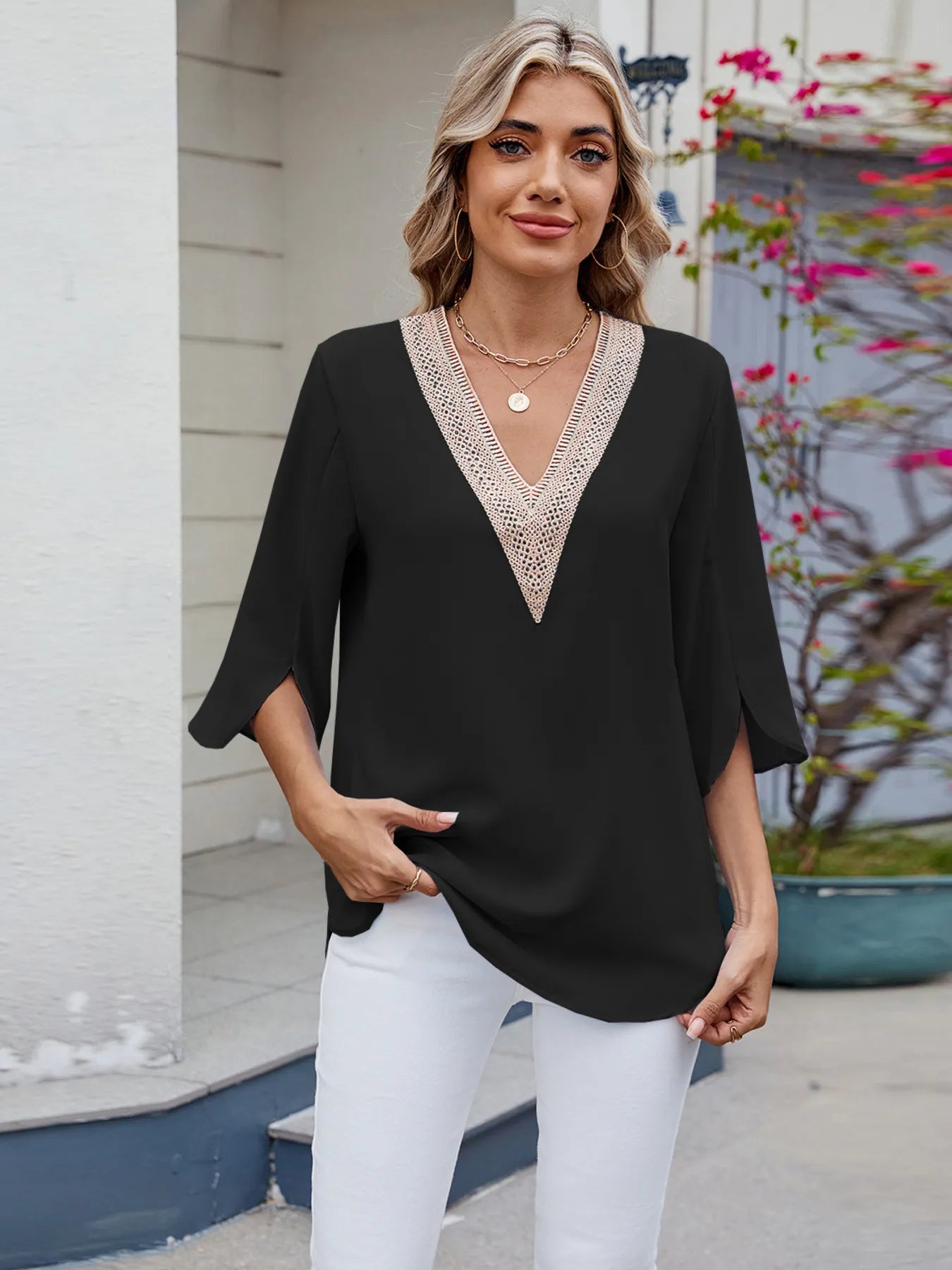V-Neck Lace Trim Blouse Black