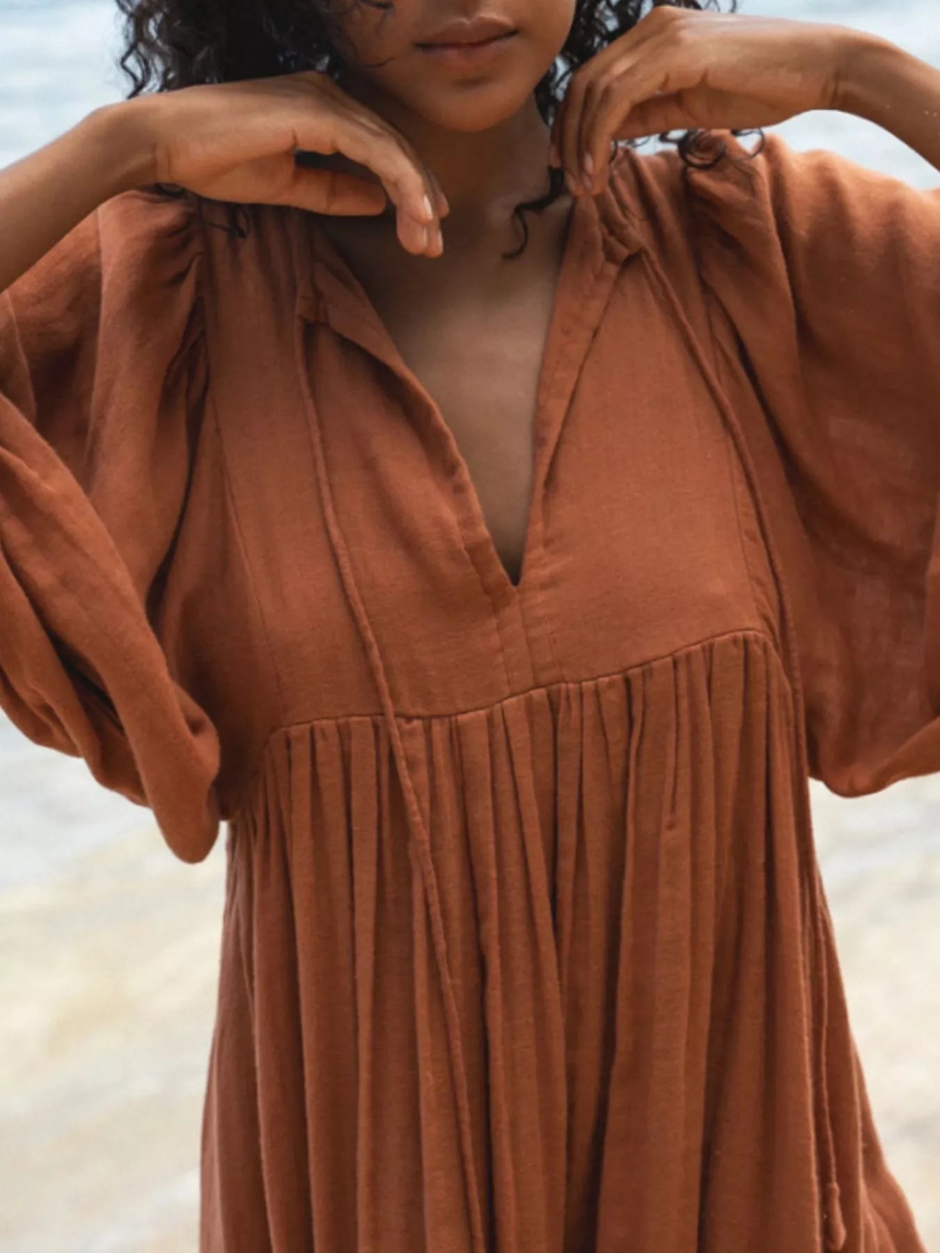 Tie Neck 3/4 Sleeve Midi Dress Amber