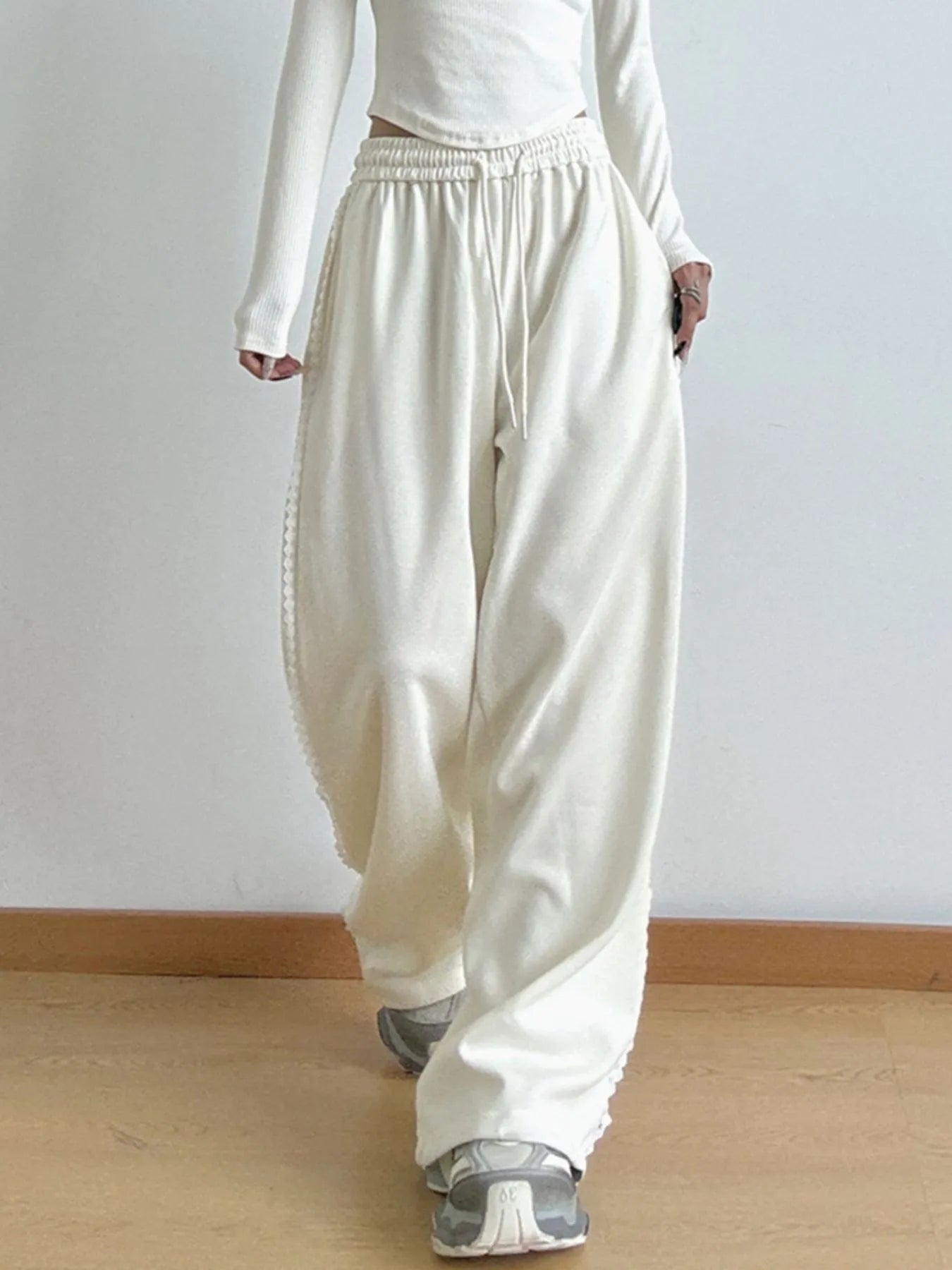 Loose Fit Wide Leg Casual Drawstring Pants Apricot