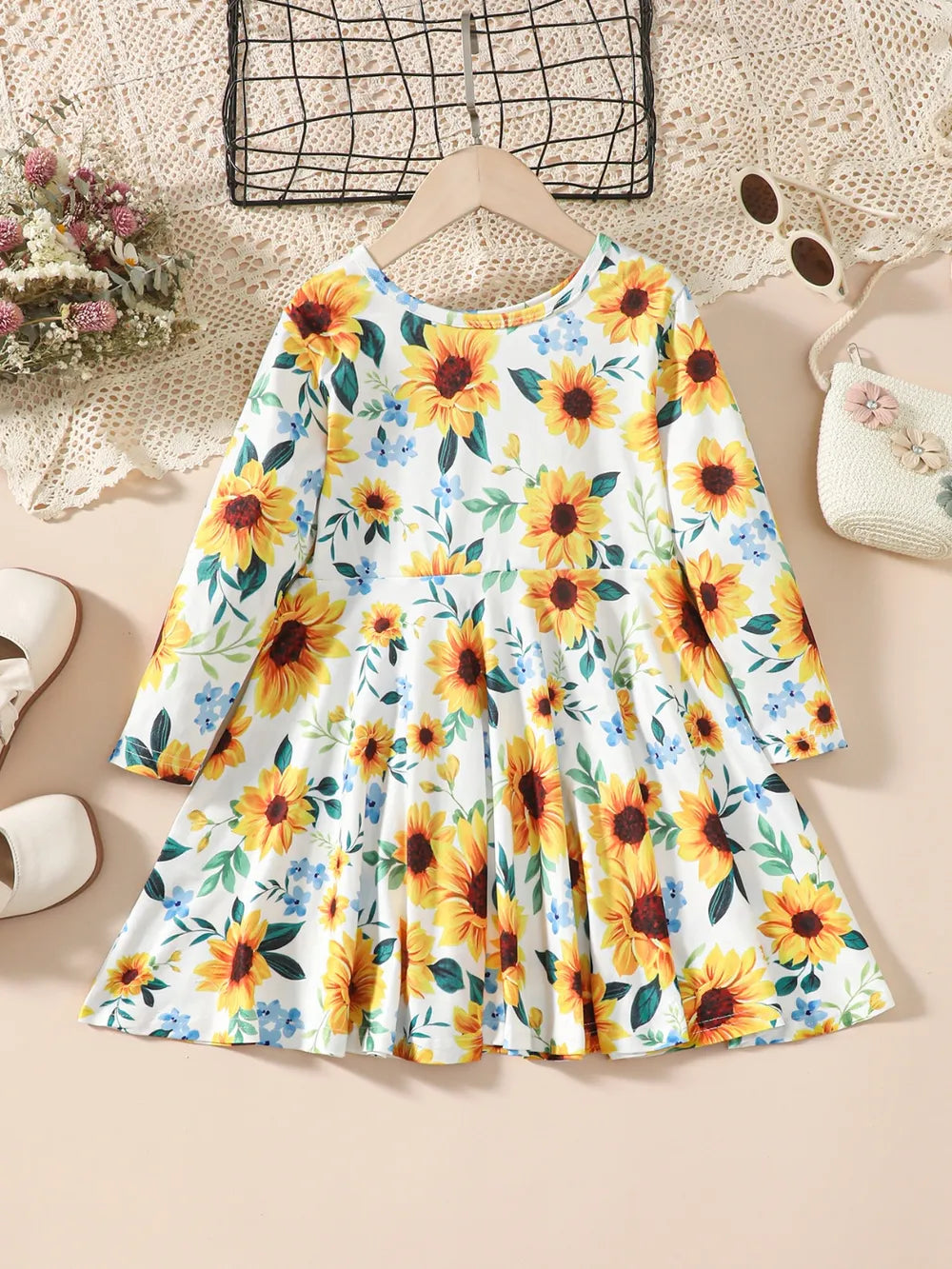 Kids Sunflower Print Round Neck Long Sleeve Dress