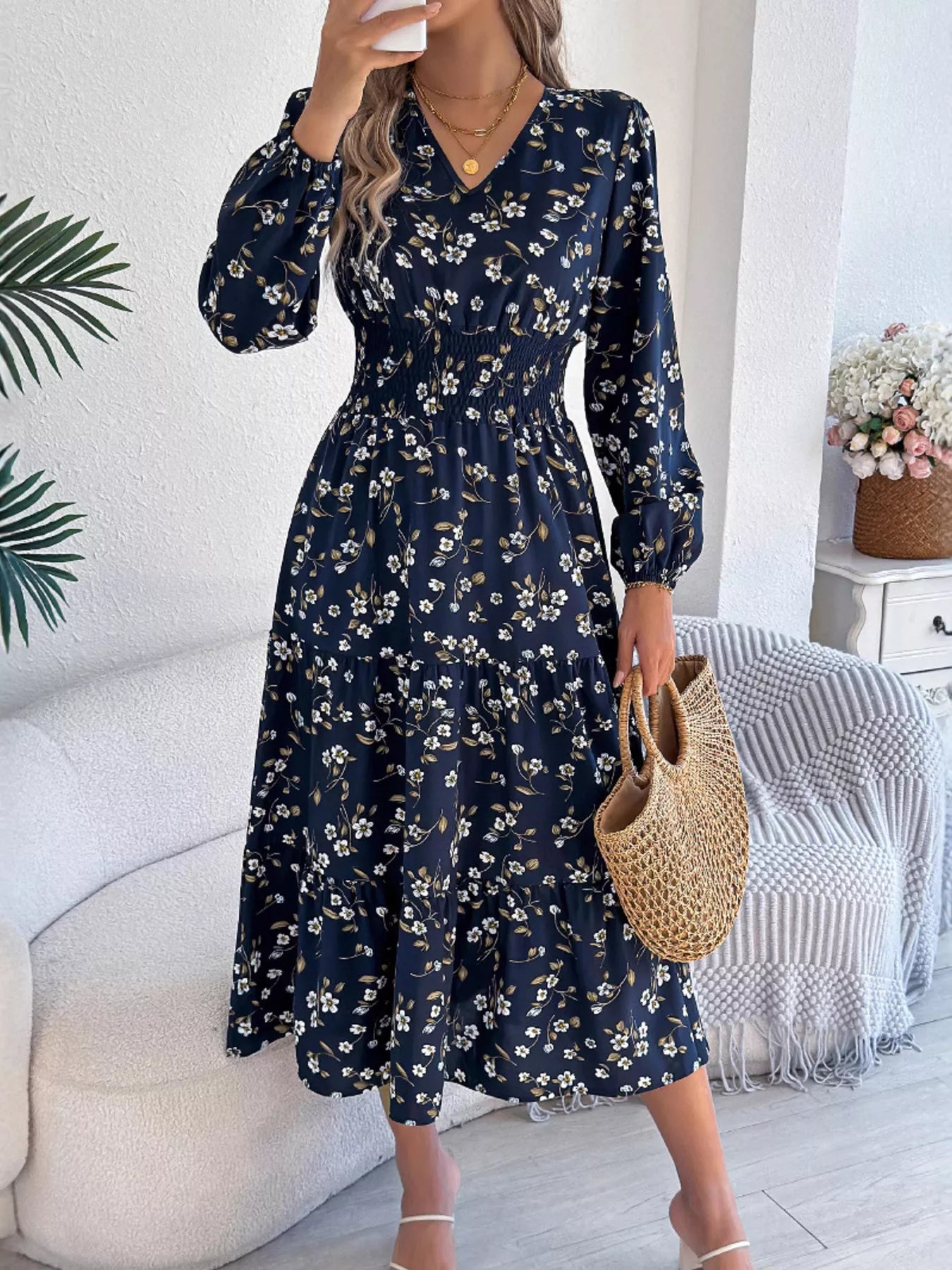 Floral Print Long Sleeve V-Neck Midi Dress