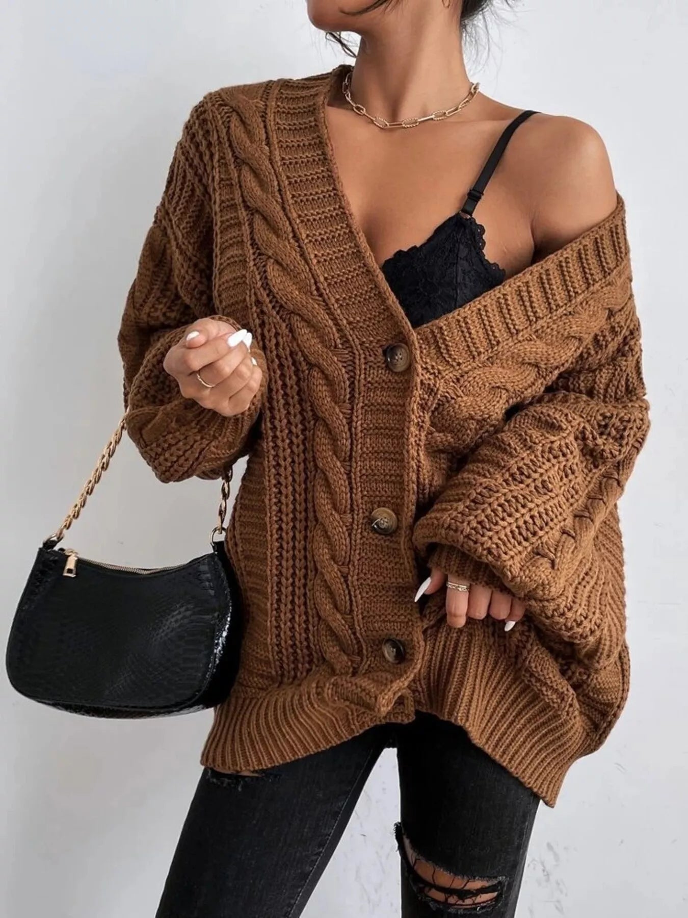 Chunky Knit Cable Knit Button-Up Cardigan Dark Brown