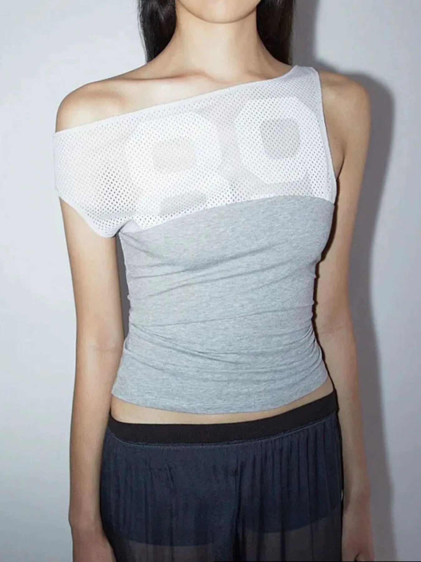 Asymmetric One-Shoulder Mesh Panel T-Shirt