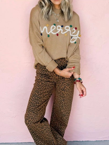 Merry Colorful Dot Detail Christmas Dolman Sweater Camel