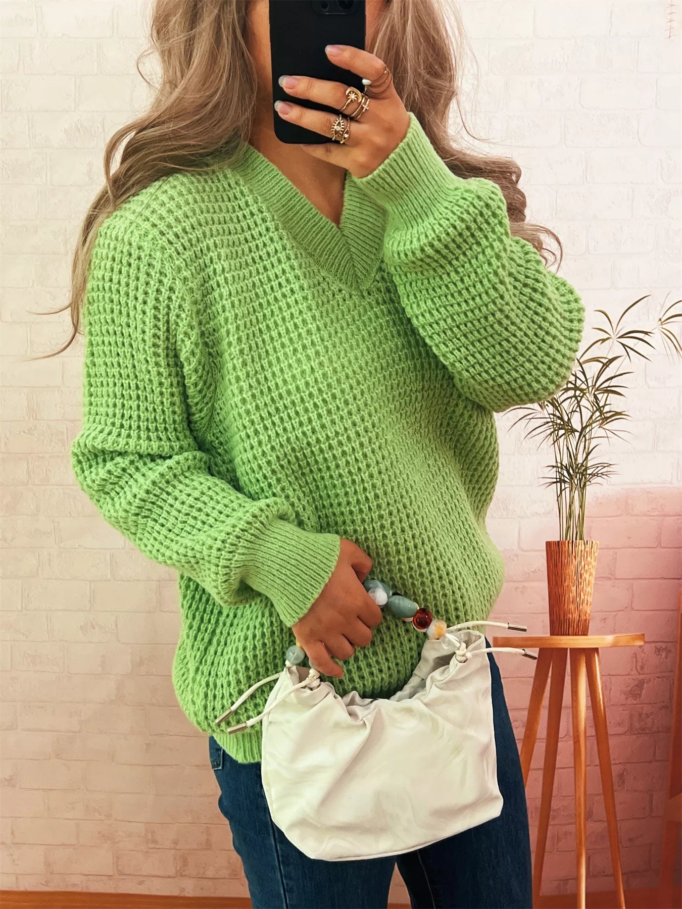 V-Neck Textured Knit Sweater