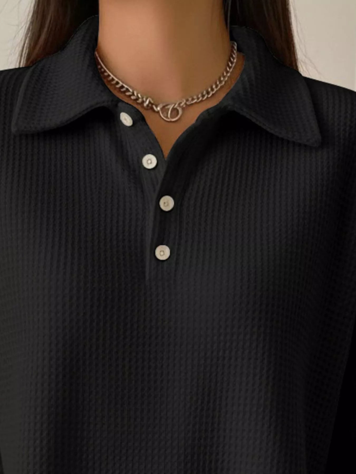 Full Size Waffle Knit Button Detail Sweatshirt Plus Size