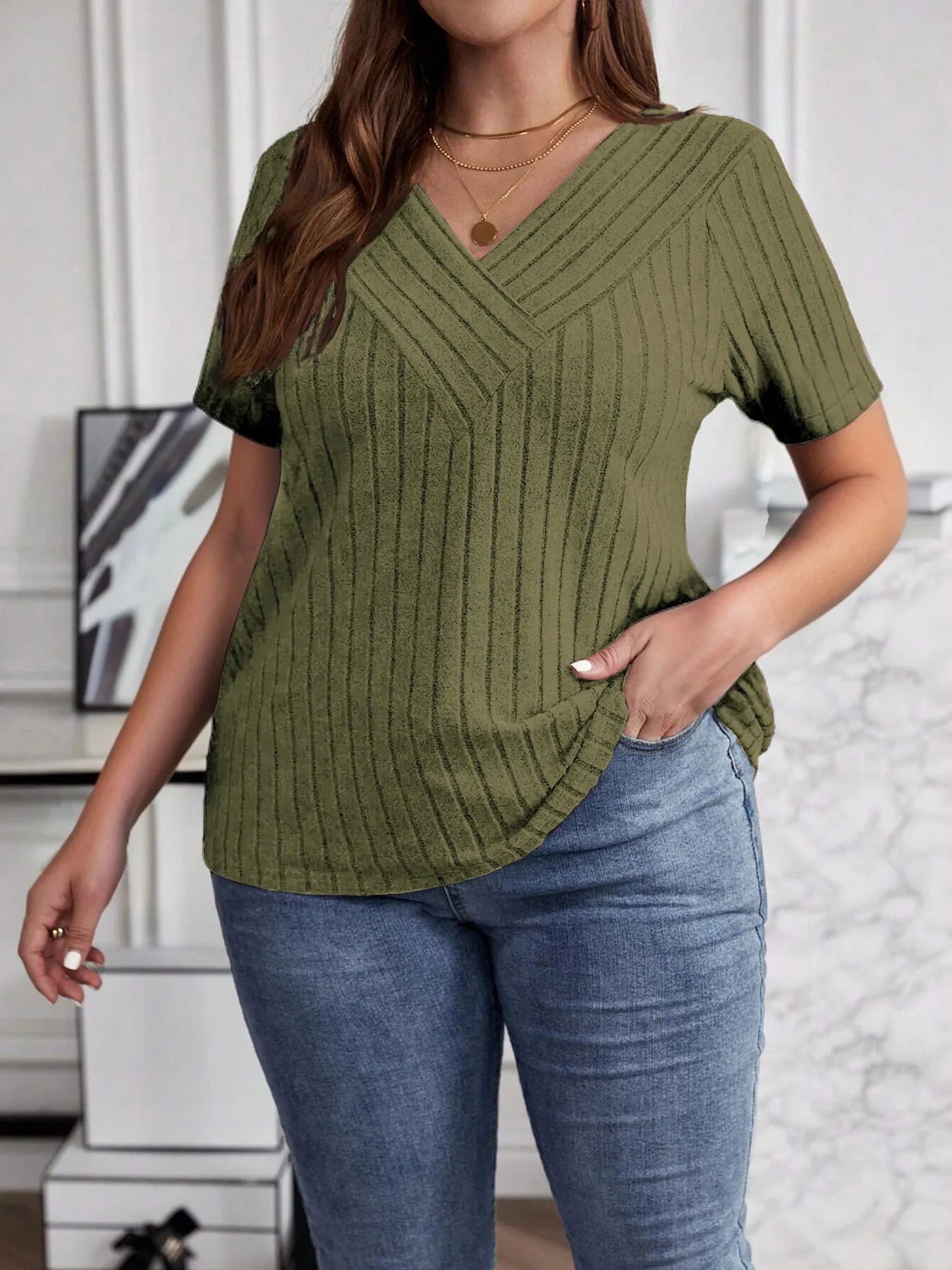 Plus Size V-Neck Short Sleeve Ribbed T-Shirt