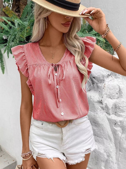 Striped Ruffle Sleeve Tie Front Blouse
