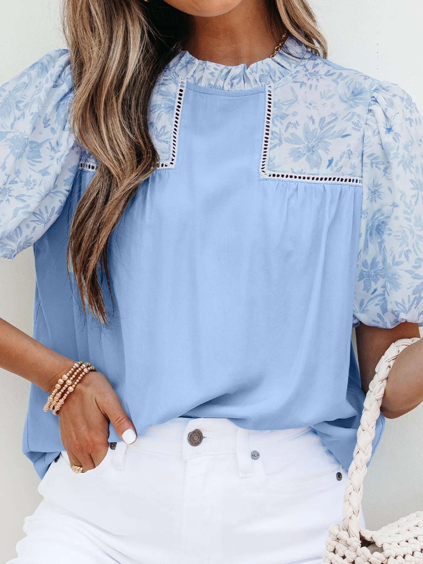 Lace Insert Floral Puff Sleeve Patchwork Loose Blouse