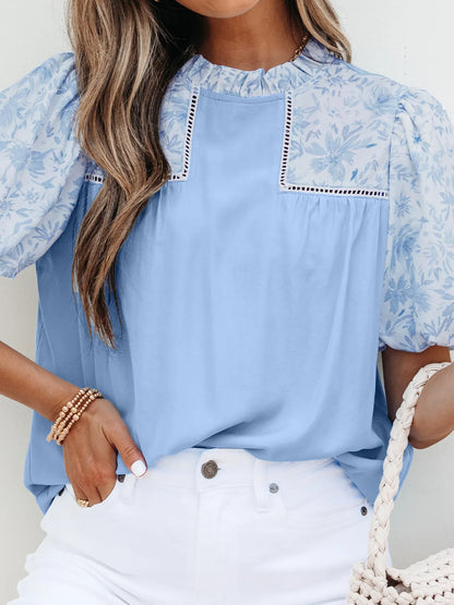 Lace Insert Floral Puff Sleeve Patchwork Loose Blouse
