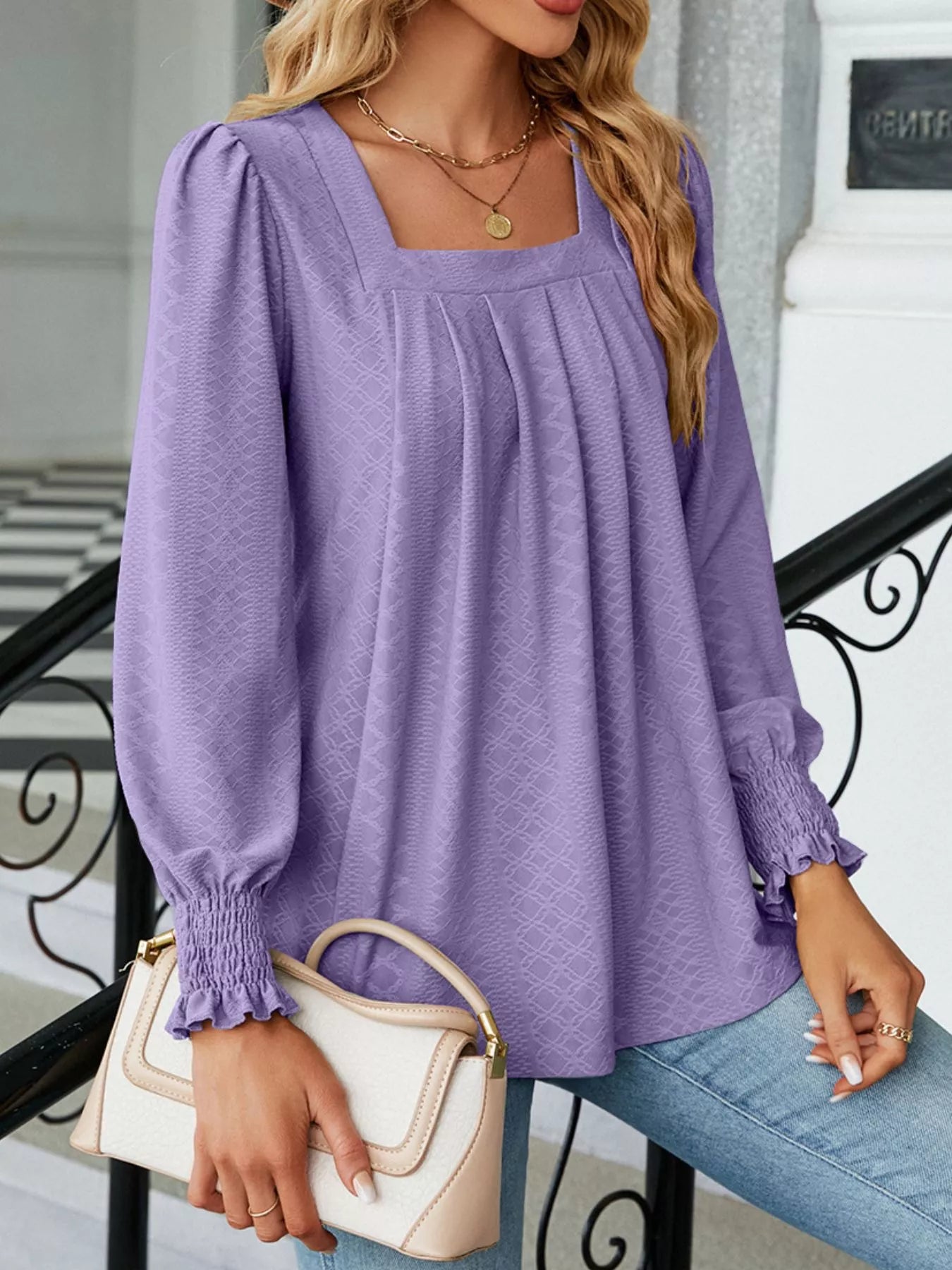 Pleated Square Neck Long Sleeve Top