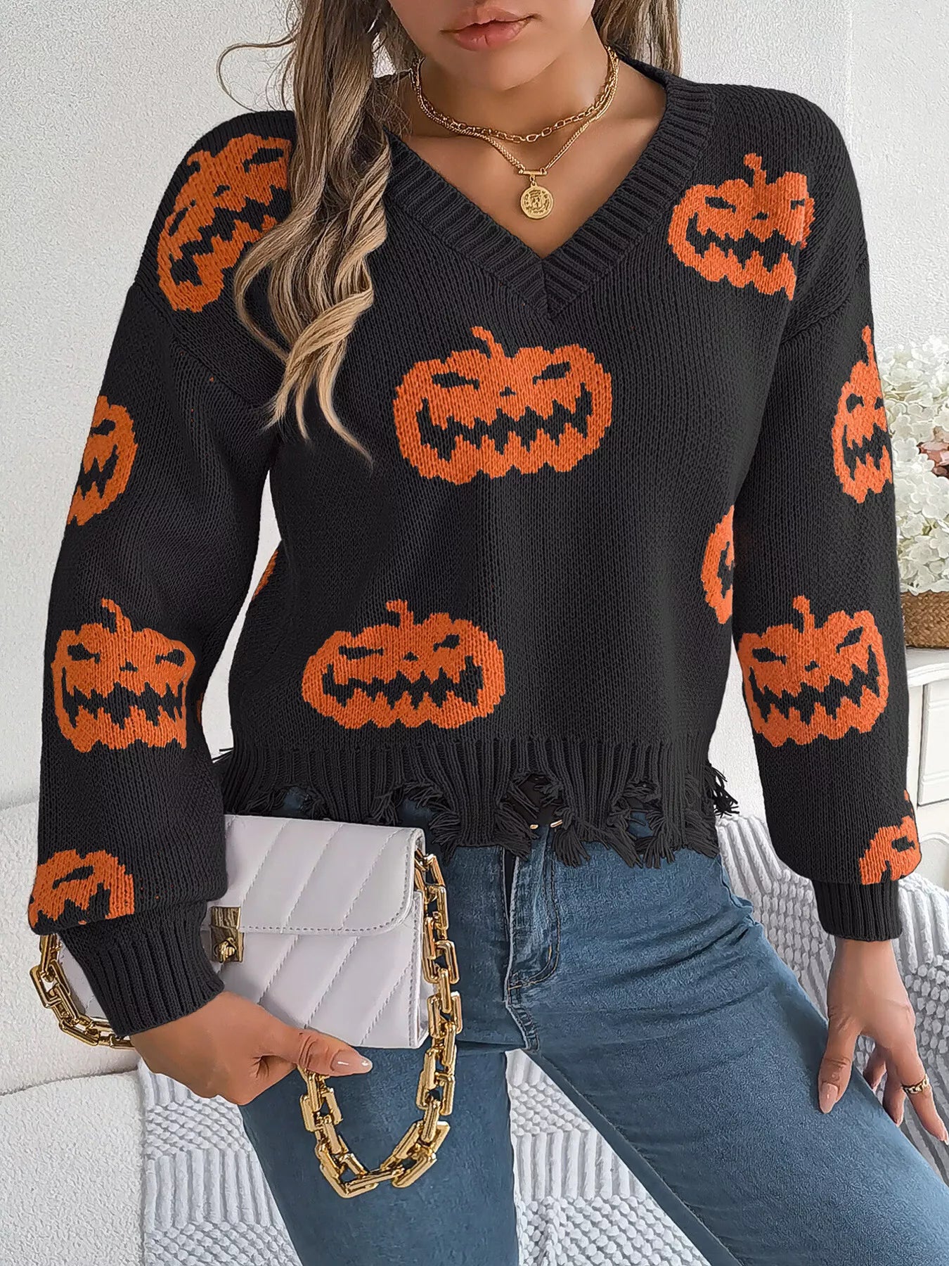 Halloween Pumpkin Pattern Raw Hem V-Neck Sweater Black