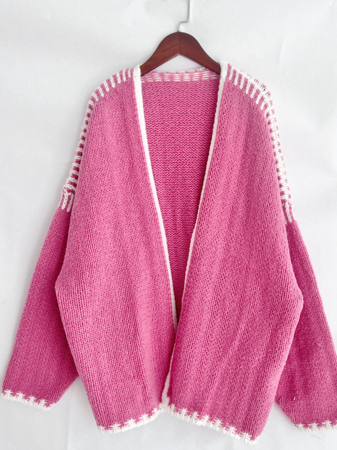 Back To School Sweater - Double Take Contrast Open Front Dropped Shoulder Cardigan