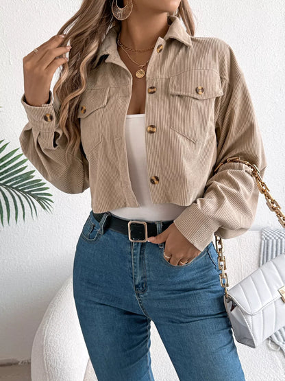 Corduroy Button-Up Dropped Shoulder Jacket Khaki