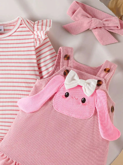 Children's Ruffled Trim Bodysuit and Dress Set with Headband